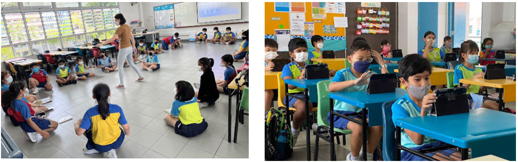 Two classroom scenes: children in masks sit on a floor with a teacher, and at desks using tablets.